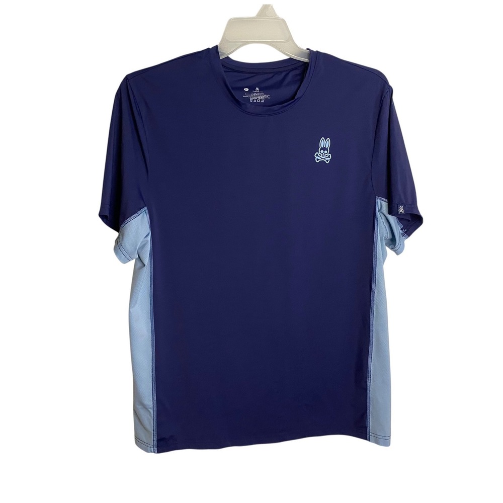 Psycho Bunny Mens Performance T-Shirt Navy Blue Light Blue Side Panels Large